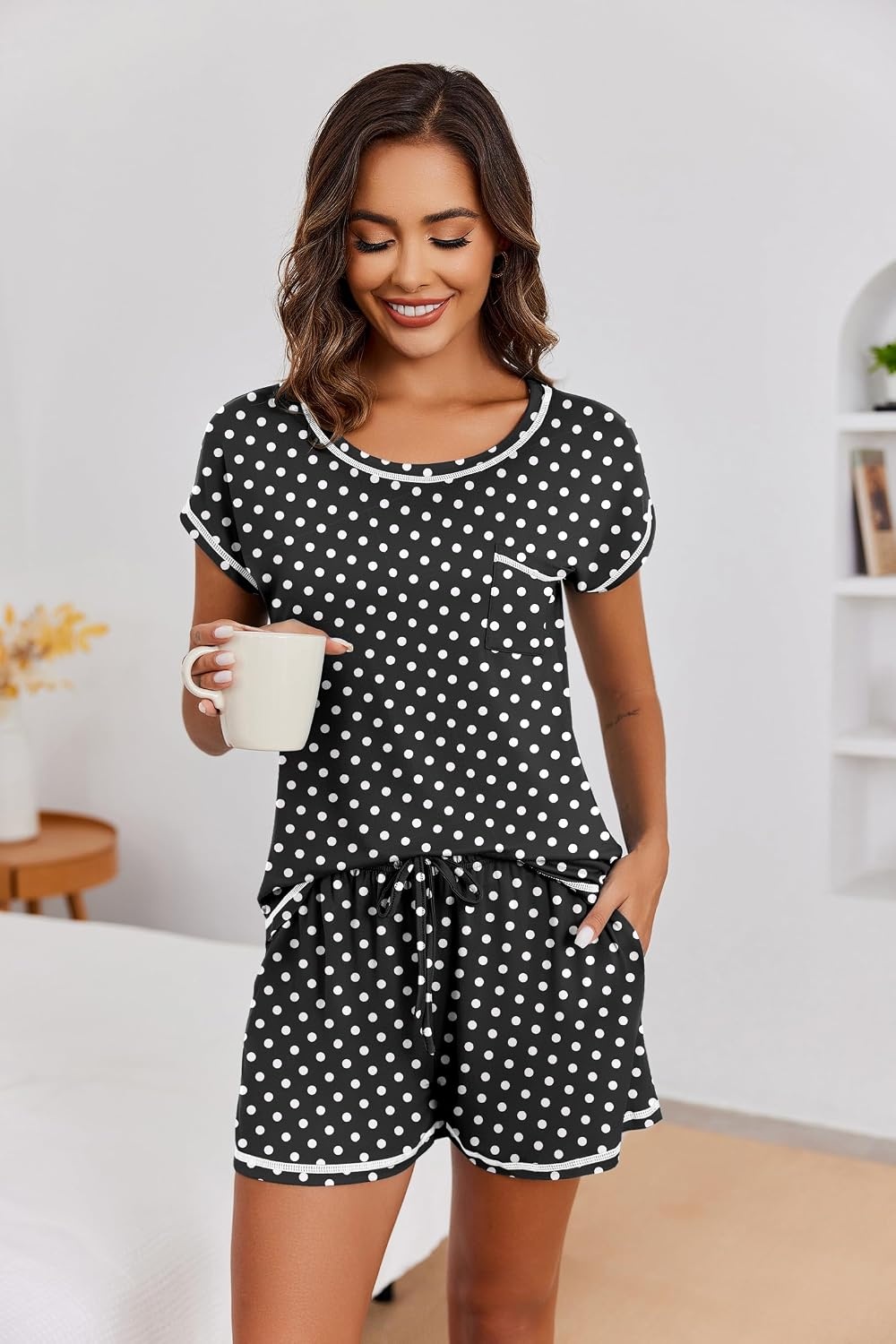 image:imageEkouaer Womens Pajama Sets 2 Piece Soft Short Sleeve Top and Shorts Sleepwear Round Neck Pjs Lounge Set with PocketsBlack Dots