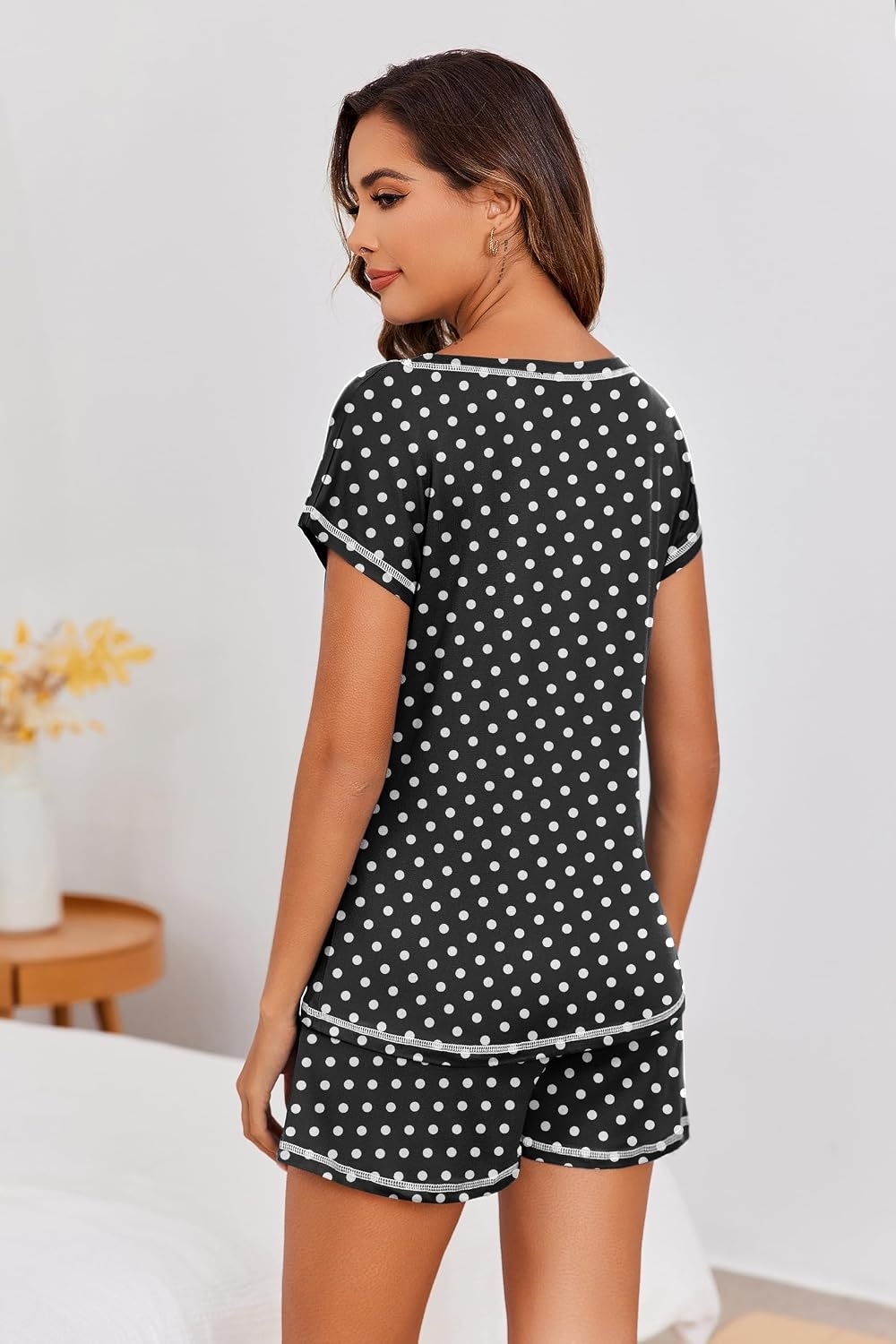 image:imageEkouaer Womens Pajama Sets 2 Piece Soft Short Sleeve Top and Shorts Sleepwear Round Neck Pjs Lounge Set with PocketsBlack Dots