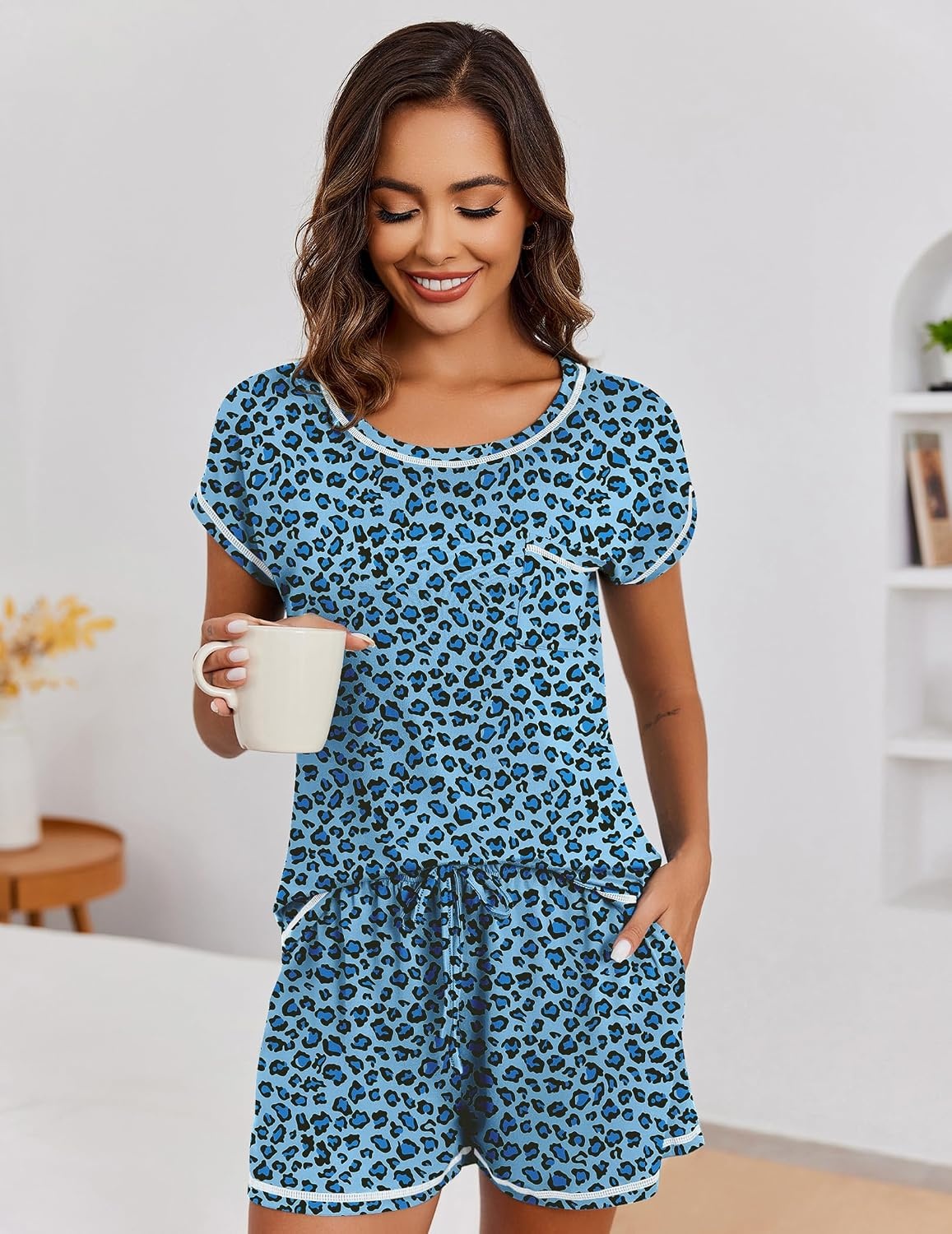 image:imageEkouaer Womens Pajama Sets 2 Piece Soft Short Sleeve Top and Shorts Sleepwear Round Neck Pjs Lounge Set with PocketsBlue Black Leopard