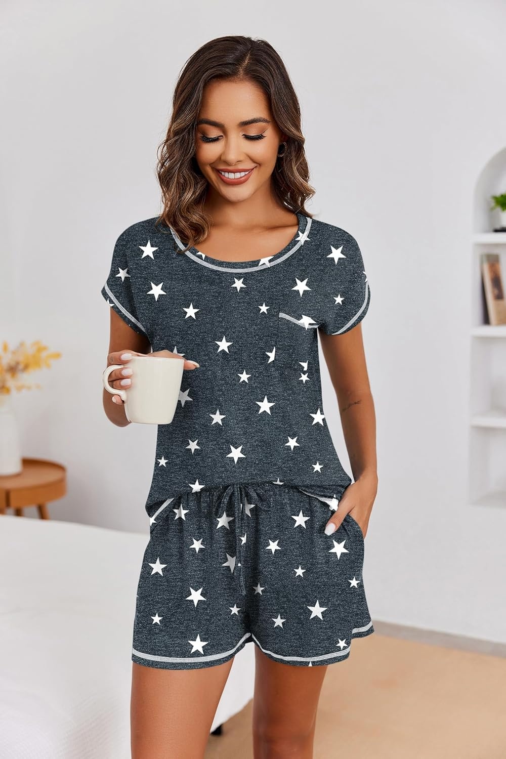 image:imageEkouaer Womens Pajama Sets 2 Piece Soft Short Sleeve Top and Shorts Sleepwear Round Neck Pjs Lounge Set with PocketsDeep Grey Stars