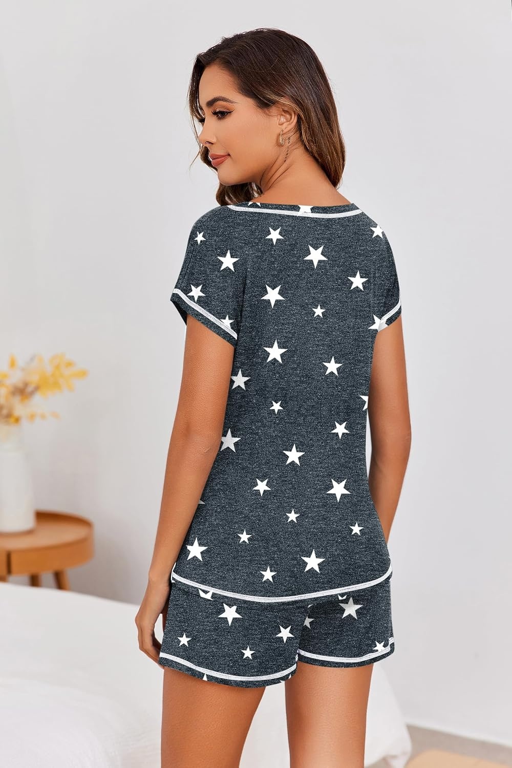 image:imageEkouaer Womens Pajama Sets 2 Piece Soft Short Sleeve Top and Shorts Sleepwear Round Neck Pjs Lounge Set with PocketsDeep Grey Stars