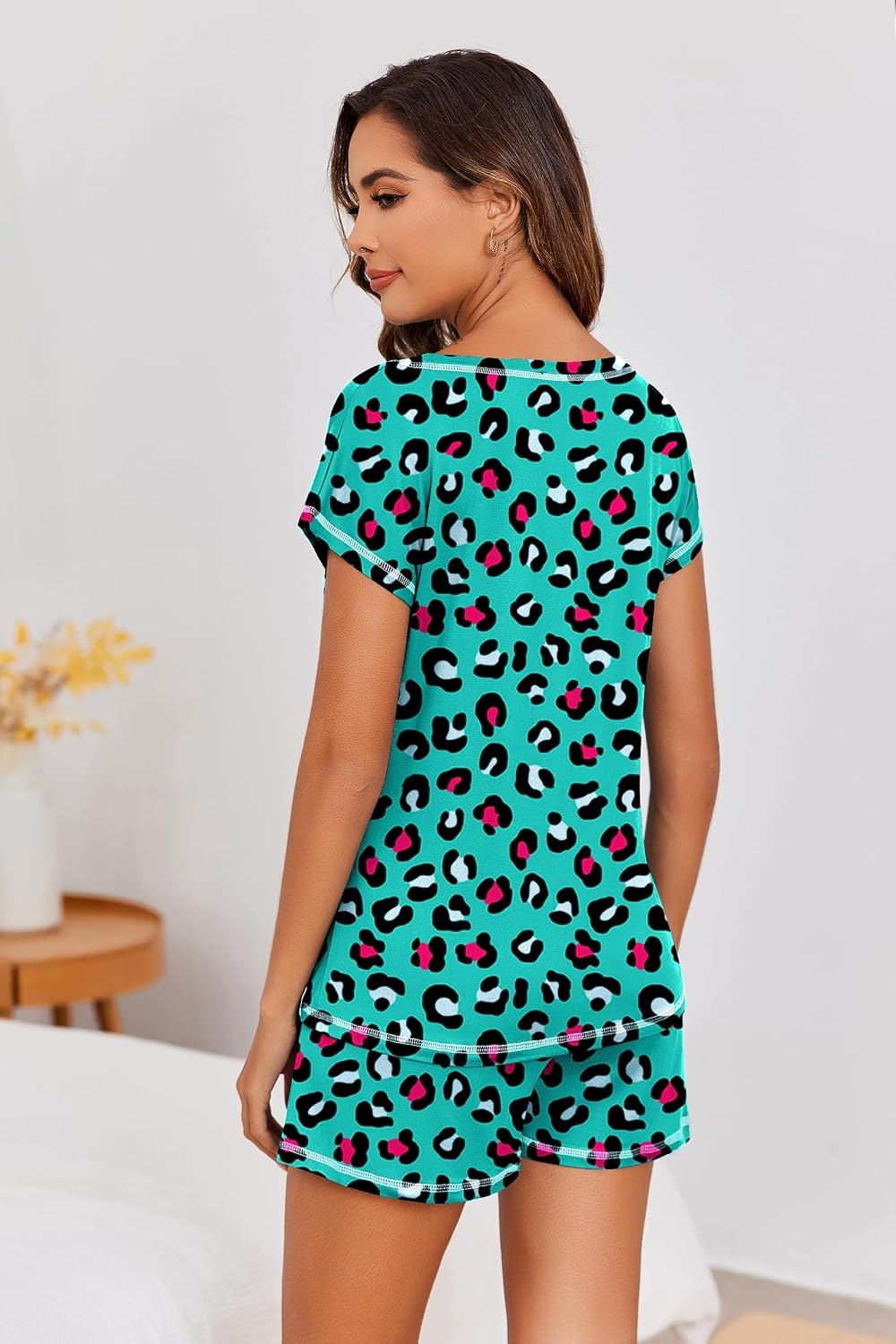 image:imageEkouaer Womens Pajama Sets 2 Piece Soft Short Sleeve Top and Shorts Sleepwear Round Neck Pjs Lounge Set with PocketsGreen Leopard