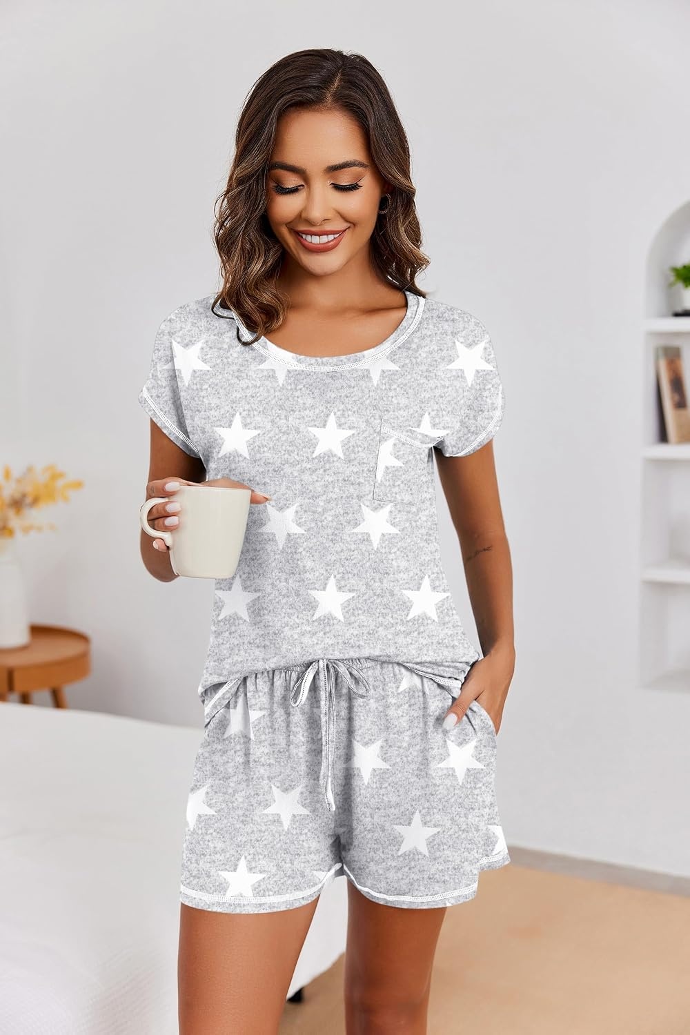 image:imageEkouaer Womens Pajama Sets 2 Piece Soft Short Sleeve Top and Shorts Sleepwear Round Neck Pjs Lounge Set with PocketsLight Grey Stars