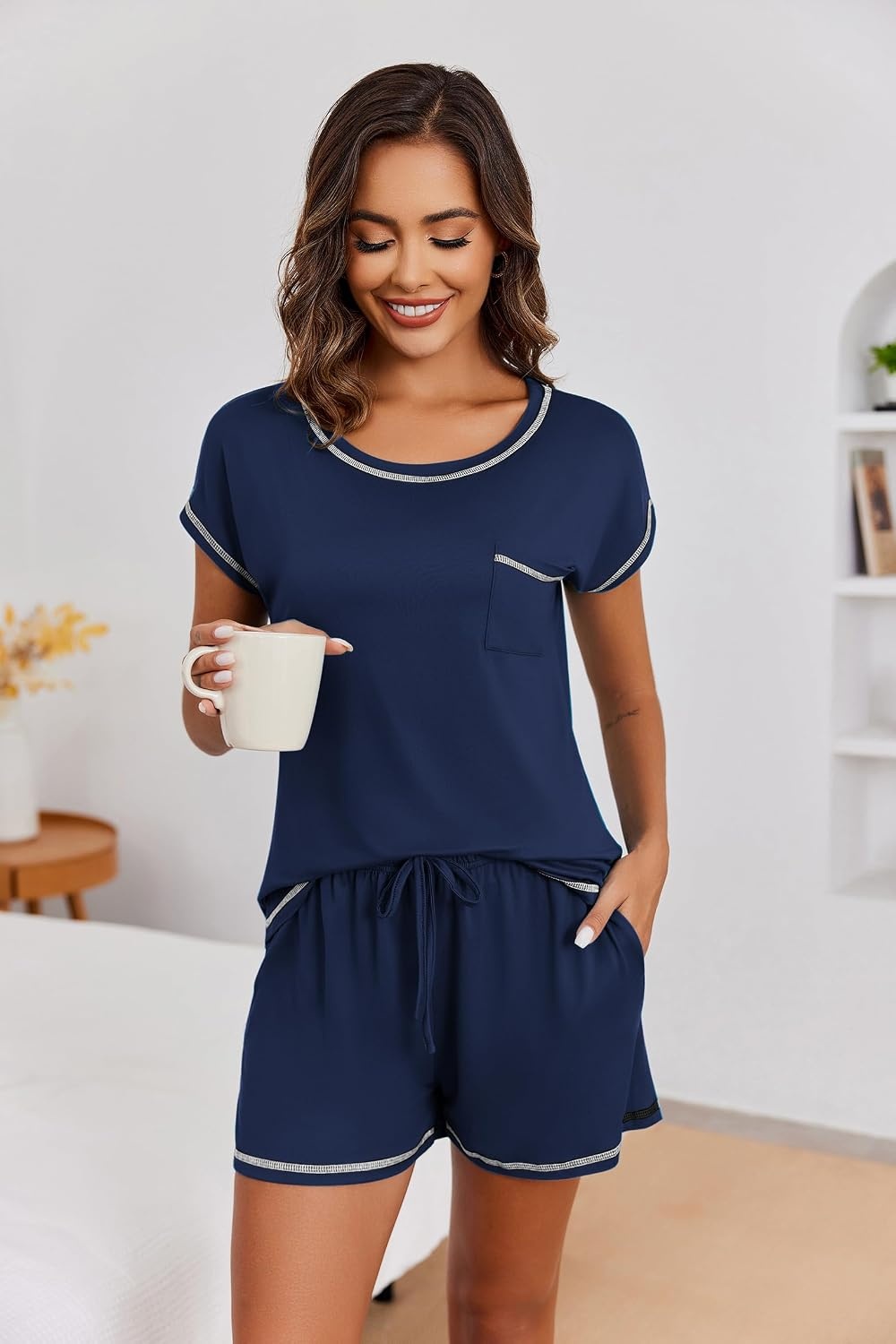 image:imageEkouaer Womens Pajama Sets 2 Piece Soft Short Sleeve Top and Shorts Sleepwear Round Neck Pjs Lounge Set with PocketsNavy Blue