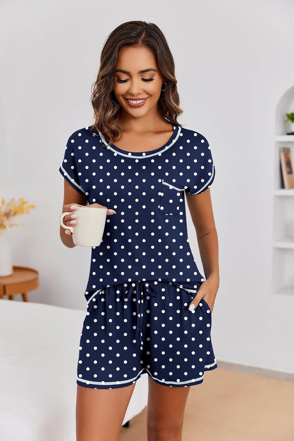 image:imageEkouaer Womens Pajama Sets 2 Piece Soft Short Sleeve Top and Shorts Sleepwear Round Neck Pjs Lounge Set with PocketsNavy Dots
