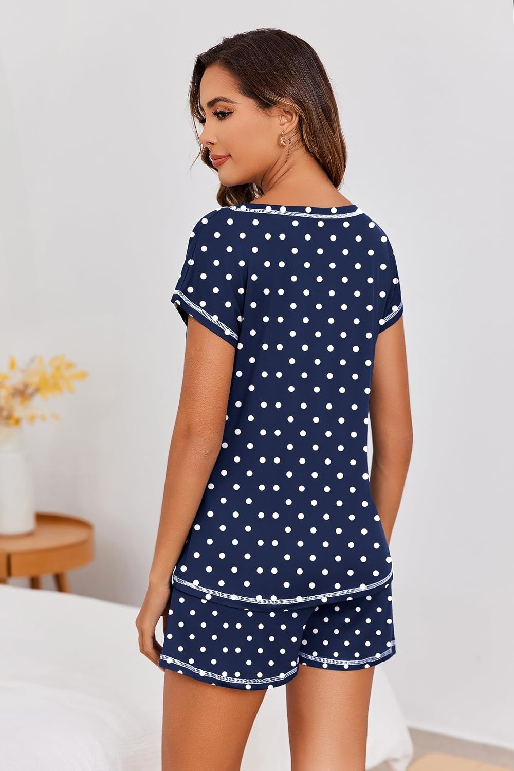 image:imageEkouaer Womens Pajama Sets 2 Piece Soft Short Sleeve Top and Shorts Sleepwear Round Neck Pjs Lounge Set with PocketsNavy Dots