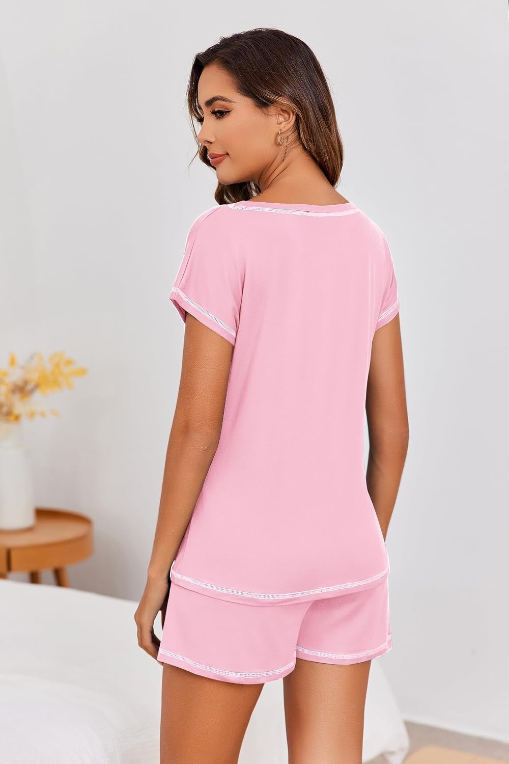 image:imageEkouaer Womens Pajama Sets 2 Piece Soft Short Sleeve Top and Shorts Sleepwear Round Neck Pjs Lounge Set with PocketsPink