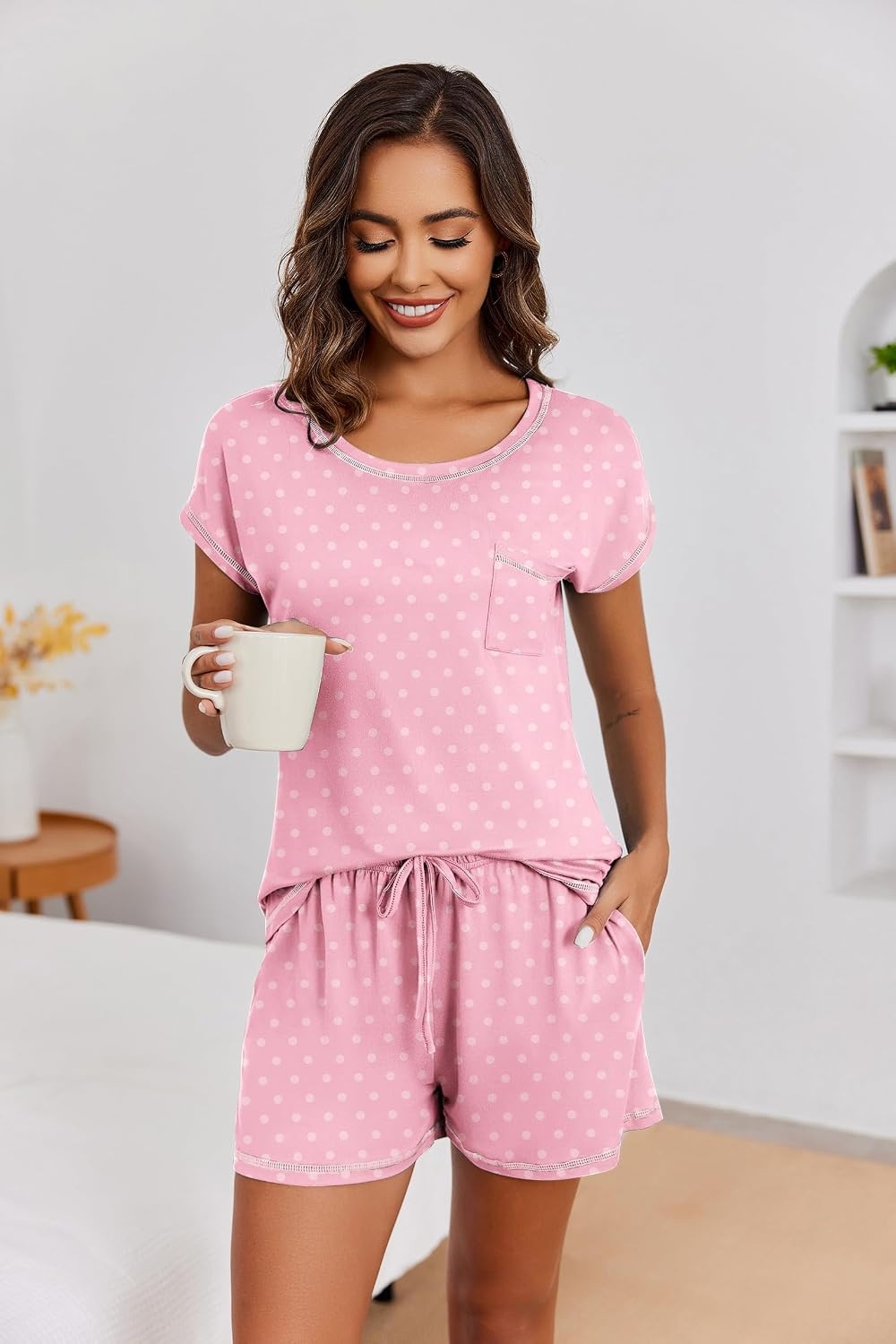 image:imageEkouaer Womens Pajama Sets 2 Piece Soft Short Sleeve Top and Shorts Sleepwear Round Neck Pjs Lounge Set with PocketsPink Dots