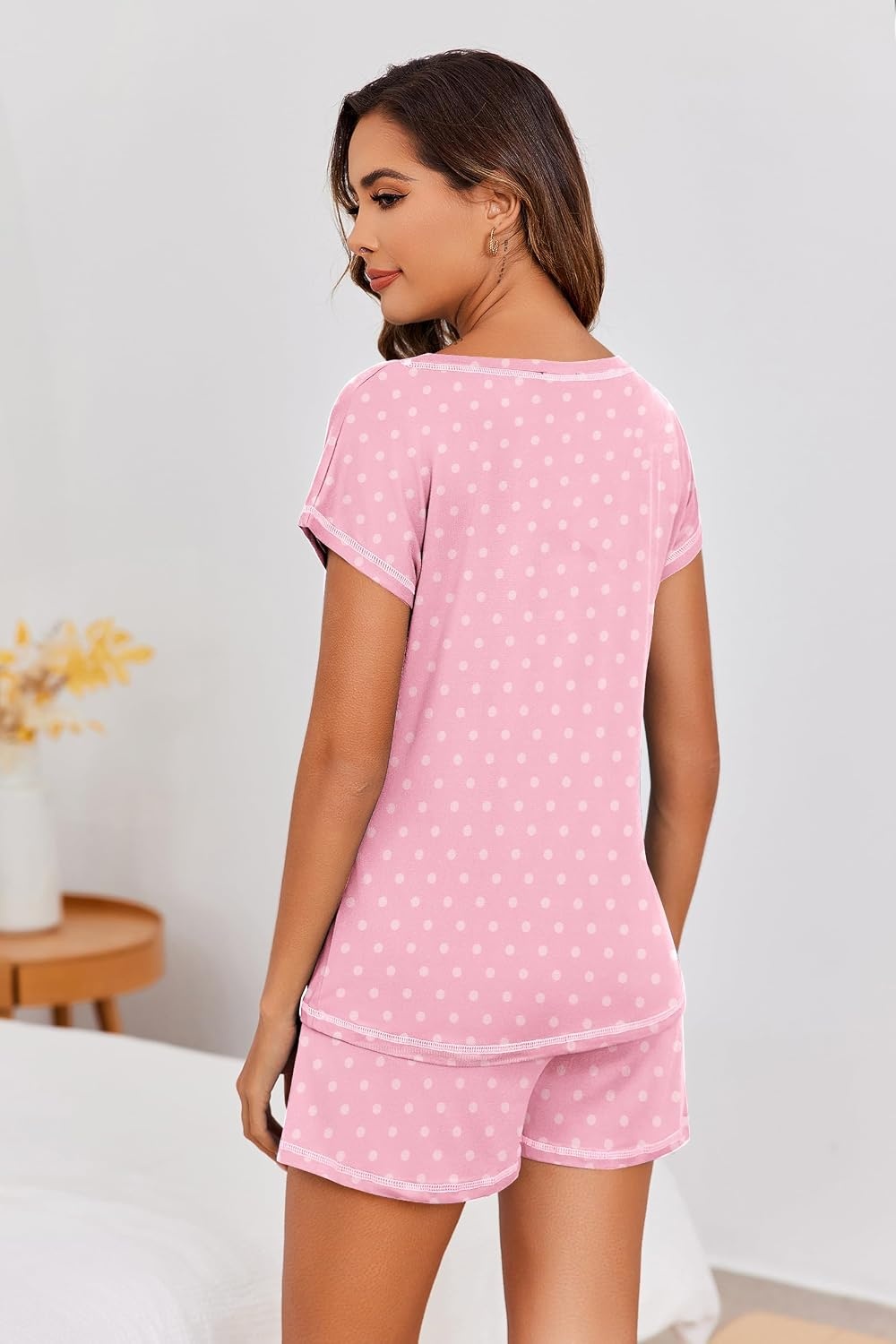 image:imageEkouaer Womens Pajama Sets 2 Piece Soft Short Sleeve Top and Shorts Sleepwear Round Neck Pjs Lounge Set with PocketsPink Dots
