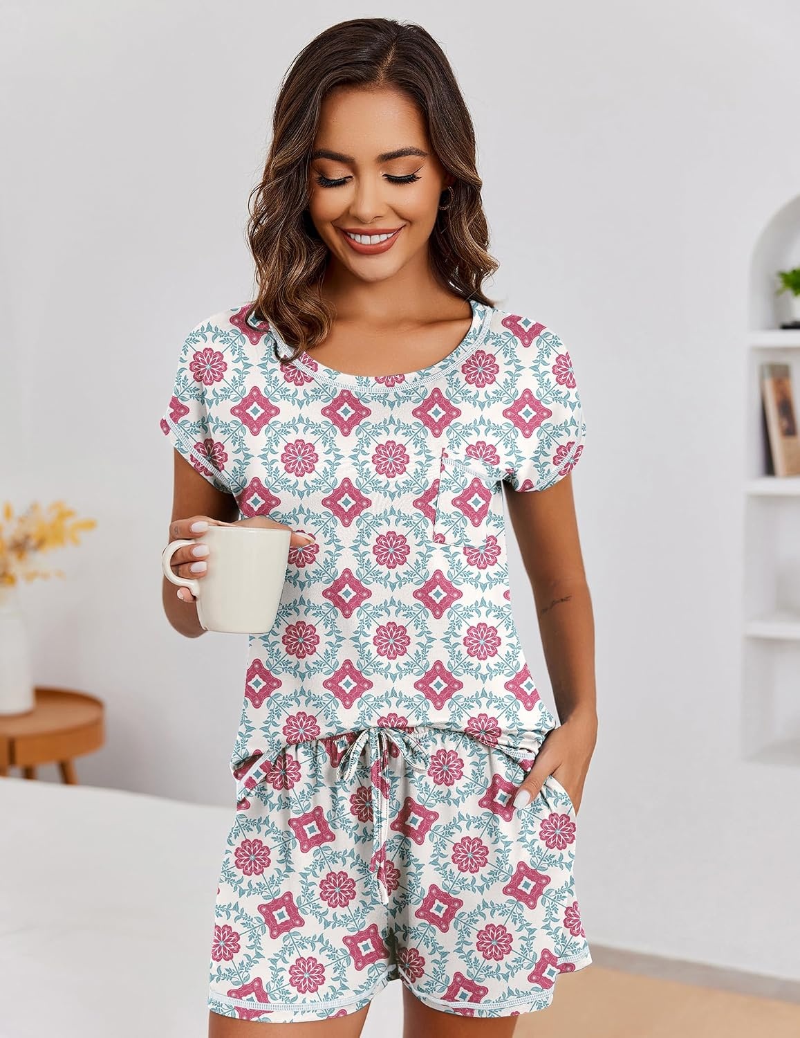 image:imageEkouaer Womens Pajama Sets 2 Piece Soft Short Sleeve Top and Shorts Sleepwear Round Neck Pjs Lounge Set with PocketsSilhouette Flower Leaves