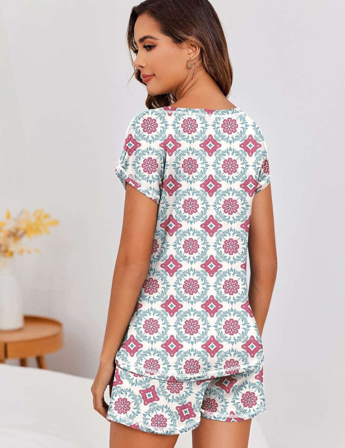 image:imageEkouaer Womens Pajama Sets 2 Piece Soft Short Sleeve Top and Shorts Sleepwear Round Neck Pjs Lounge Set with PocketsSilhouette Flower Leaves