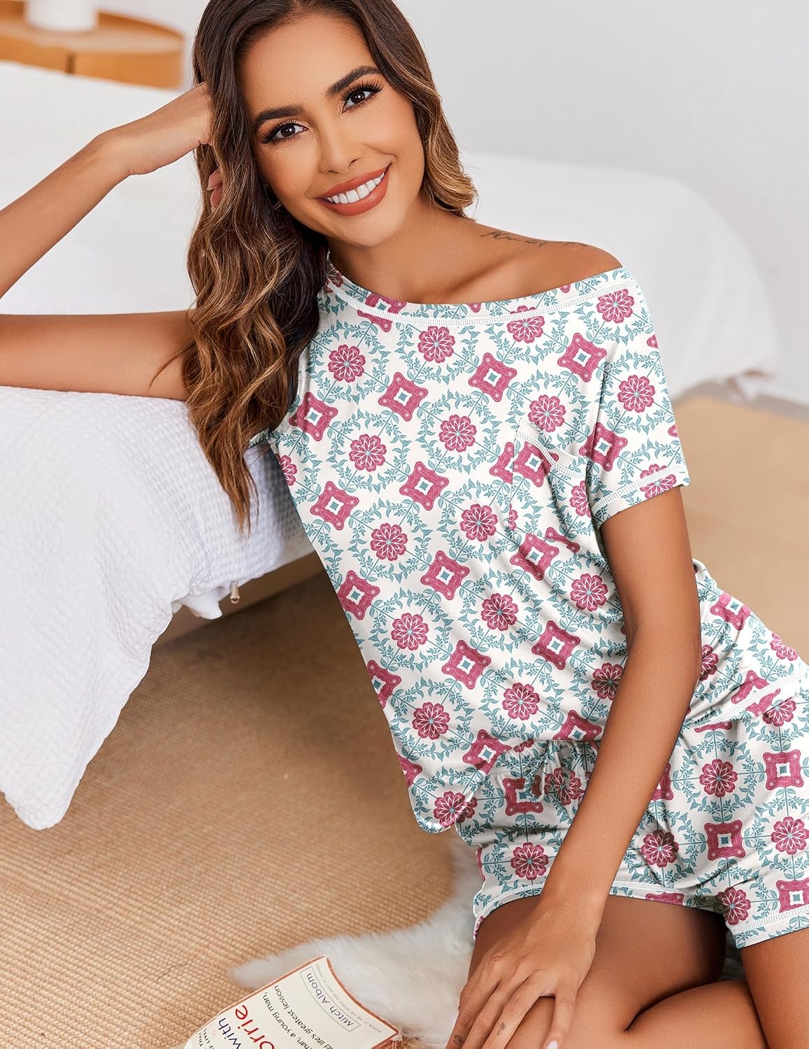 image:imageEkouaer Womens Pajama Sets 2 Piece Soft Short Sleeve Top and Shorts Sleepwear Round Neck Pjs Lounge Set with PocketsSilhouette Flower Leaves