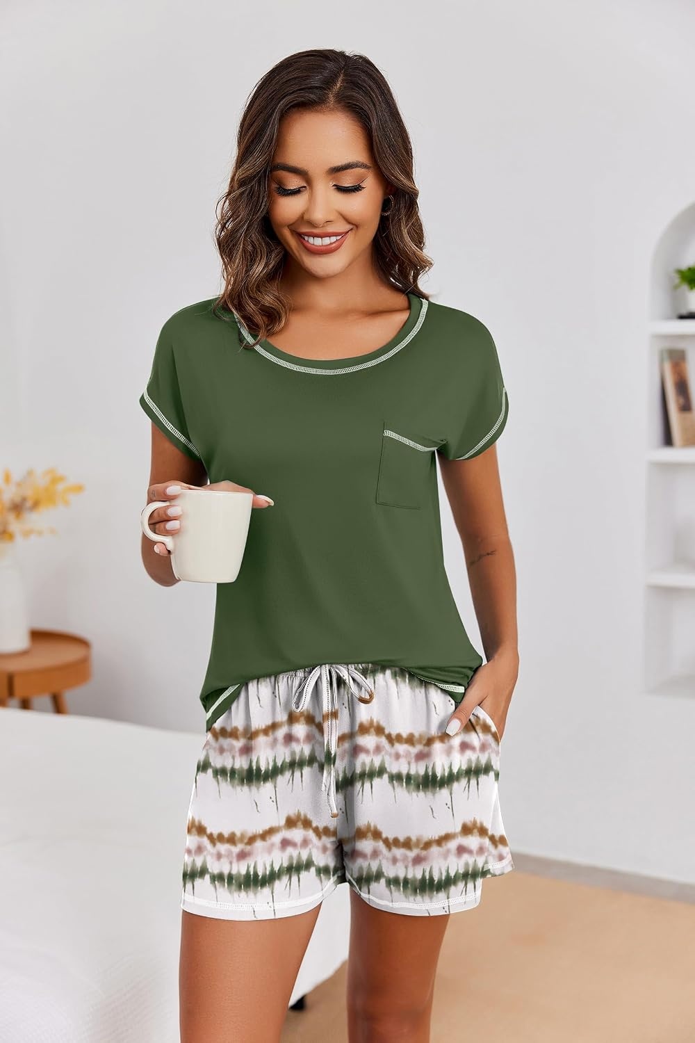 image:imageEkouaer Womens Pajama Sets 2 Piece Soft Short Sleeve Top and Shorts Sleepwear Round Neck Pjs Lounge Set with PocketsTie Dye Green