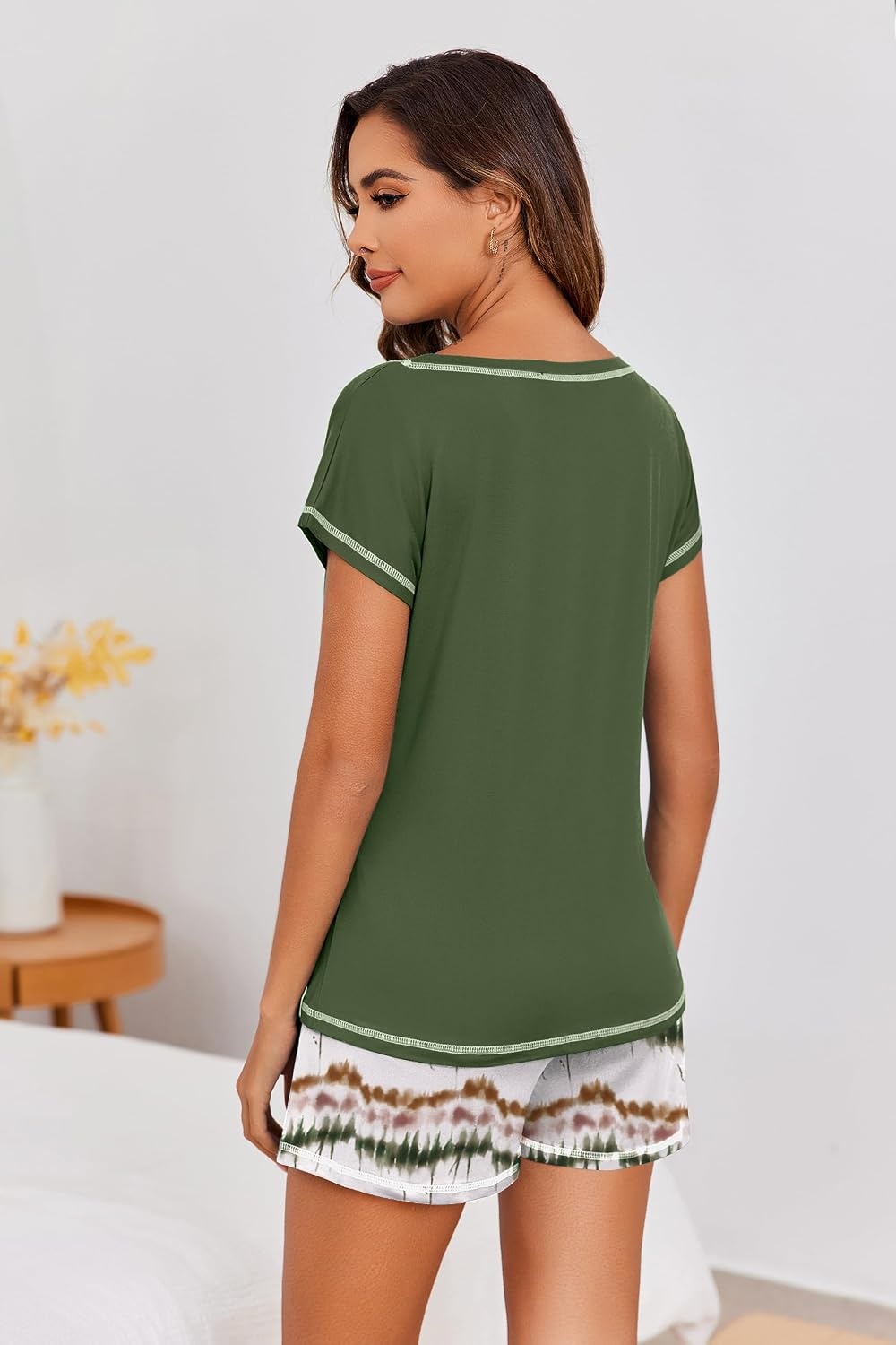 image:imageEkouaer Womens Pajama Sets 2 Piece Soft Short Sleeve Top and Shorts Sleepwear Round Neck Pjs Lounge Set with PocketsTie Dye Green