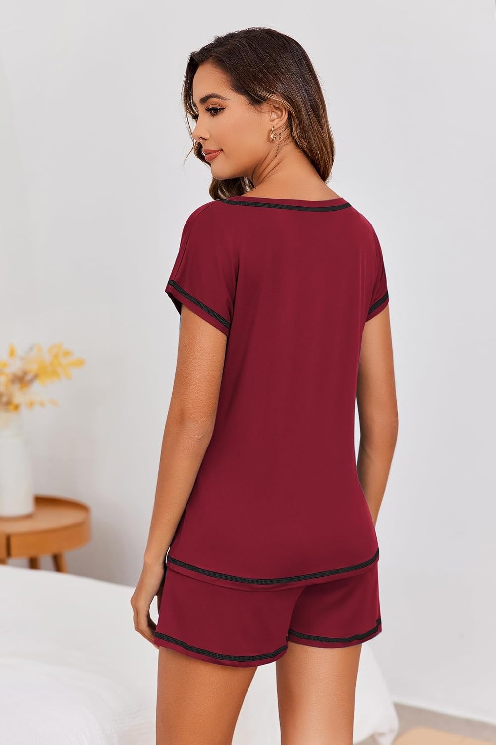 image:imageEkouaer Womens Pajama Sets 2 Piece Soft Short Sleeve Top and Shorts Sleepwear Round Neck Pjs Lounge Set with PocketsWind Red