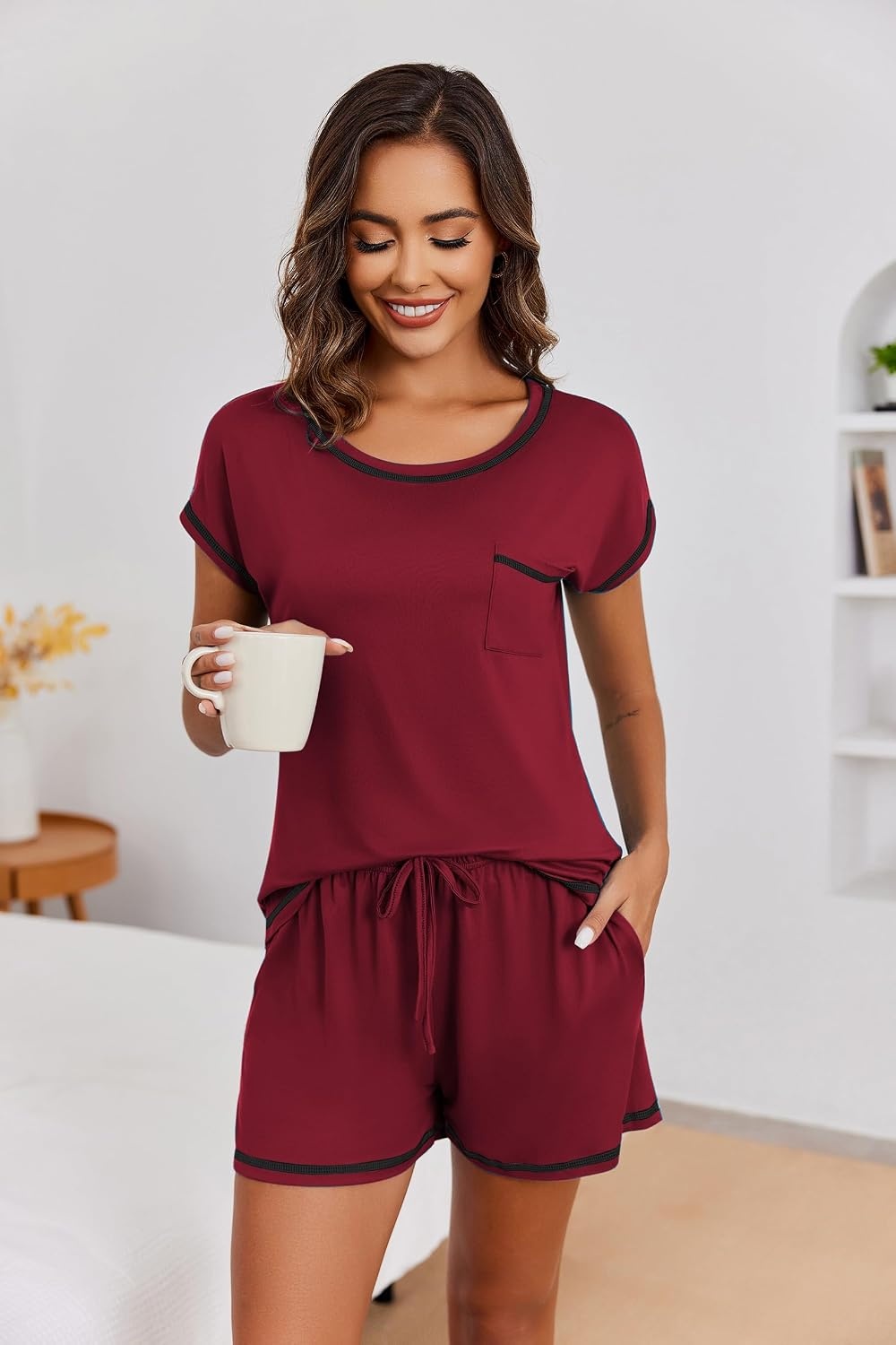 image:imageEkouaer Womens Pajama Sets 2 Piece Soft Short Sleeve Top and Shorts Sleepwear Round Neck Pjs Lounge Set with PocketsWind Red