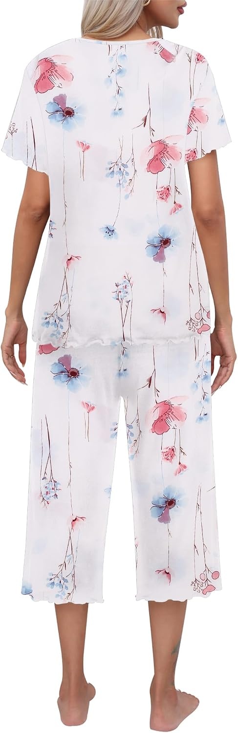 image:imageEkouaer Womens Pajamas Set Short Sleeve Top With Capri Pants Pjs Lounge amp Sleepwear Set SXXL0white With Pink Flowers