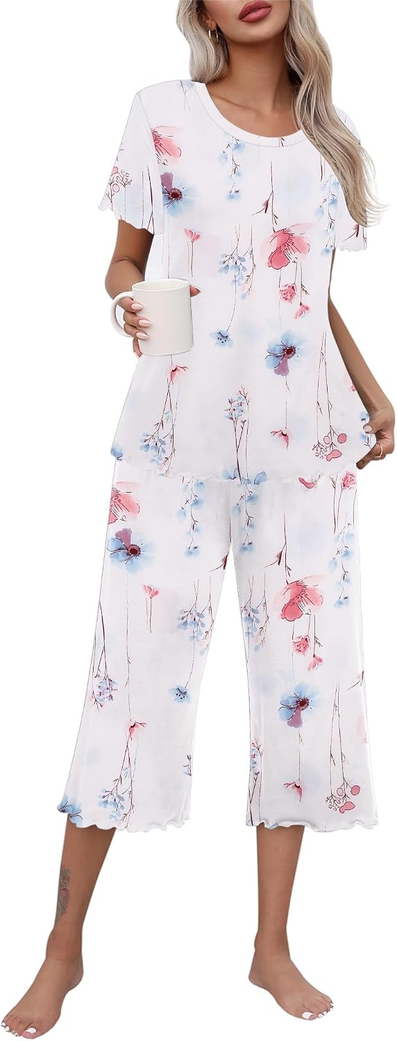 image:imageEkouaer Womens Pajamas Set Short Sleeve Top With Capri Pants Pjs Lounge amp Sleepwear Set SXXL0white With Pink Flowers