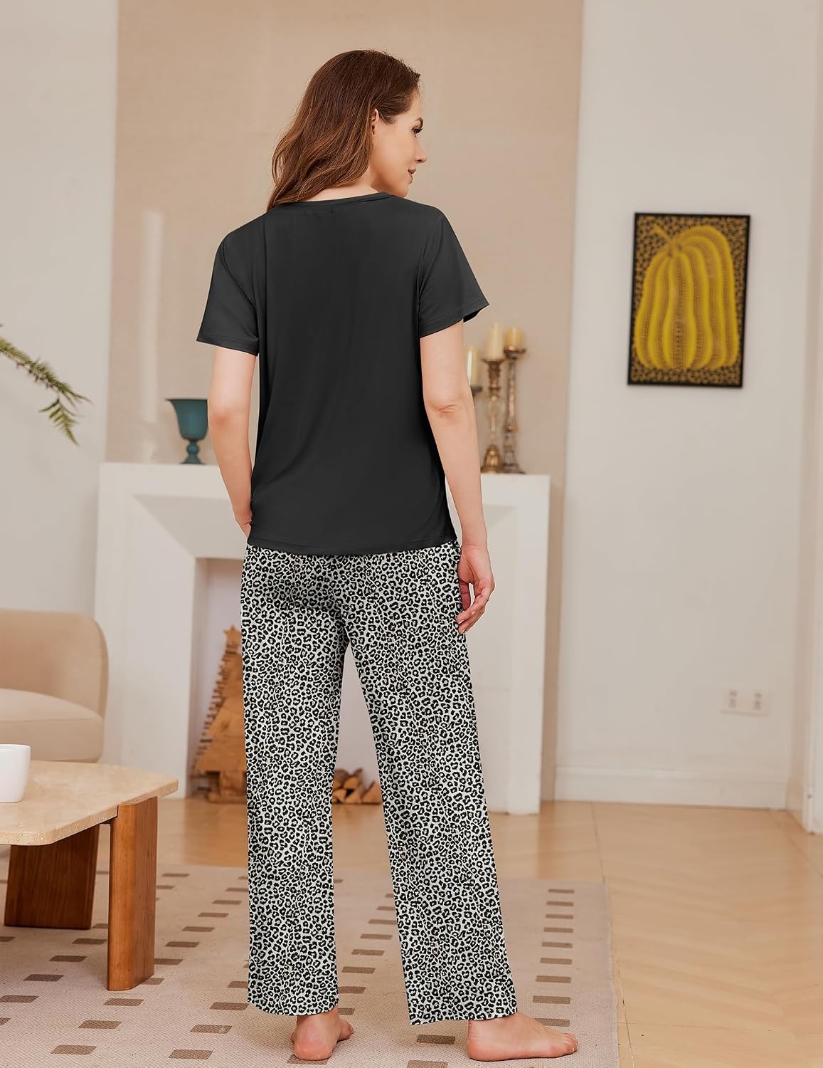 image:imageEkouaer Womens Pajamas Sets 2 Piece Short Sleeve Lounge Set Printed Loose Pants Round Neck Pj Sets LoungewearBlack Leopard