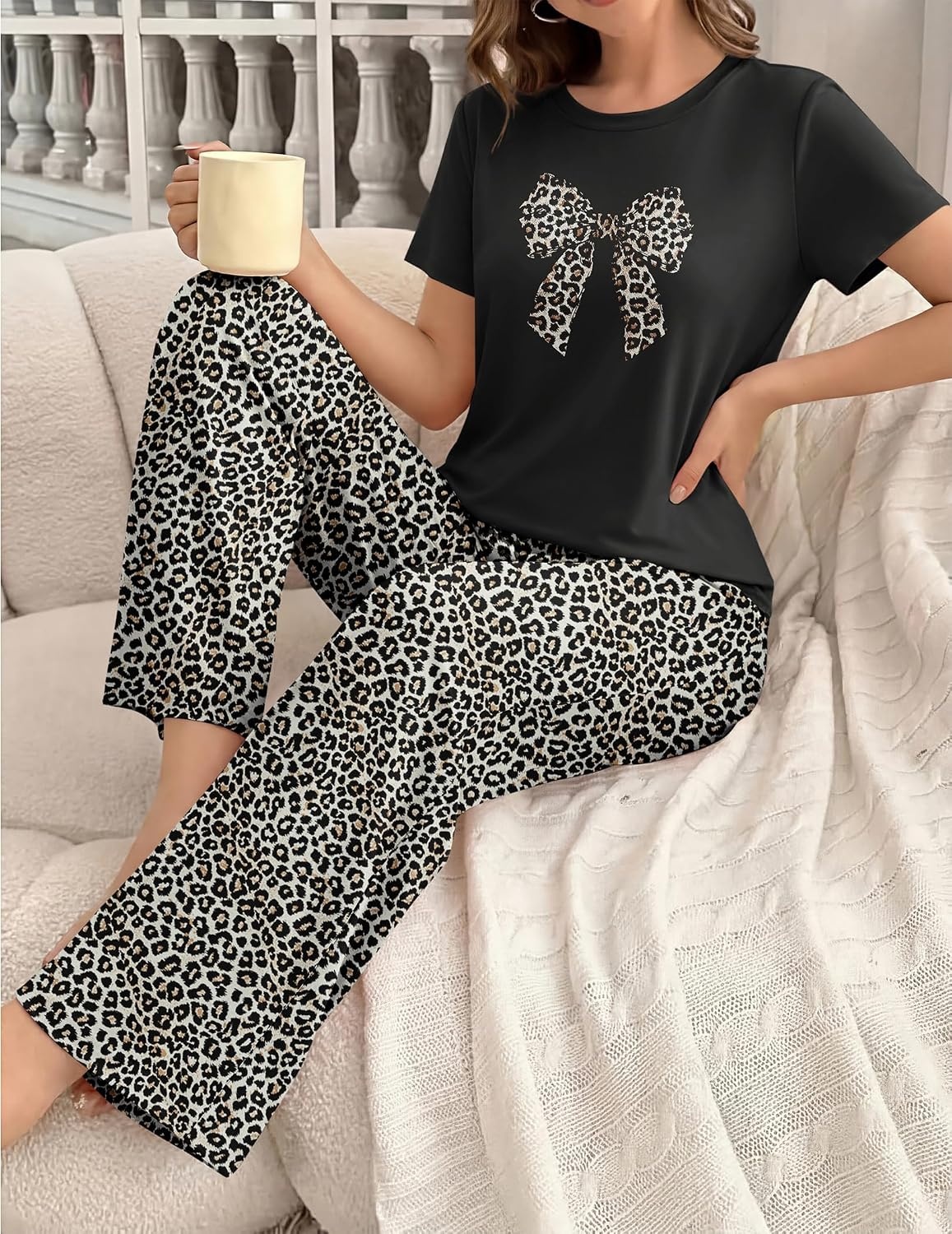 image:imageEkouaer Womens Pajamas Sets 2 Piece Short Sleeve Lounge Set Printed Loose Pants Round Neck Pj Sets LoungewearBlack Leopard