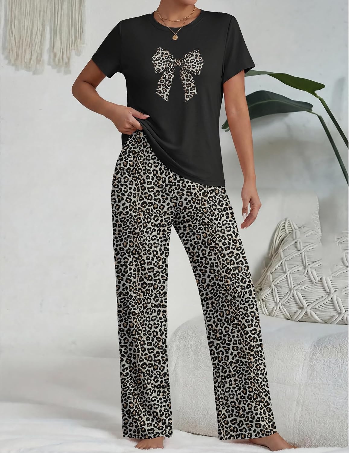 image:imageEkouaer Womens Pajamas Sets 2 Piece Short Sleeve Lounge Set Printed Loose Pants Round Neck Pj Sets LoungewearBlack Leopard