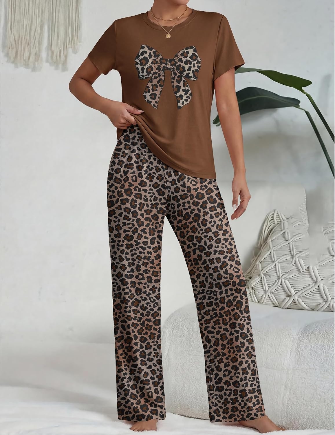 image:imageEkouaer Womens Pajamas Sets 2 Piece Short Sleeve Lounge Set Printed Loose Pants Round Neck Pj Sets LoungewearBrown Leopard