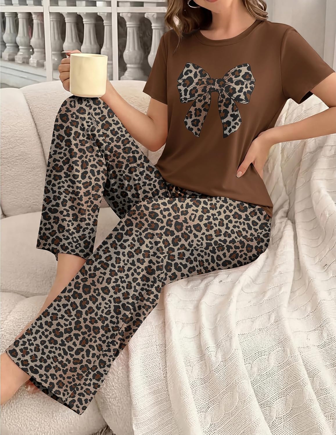 image:imageEkouaer Womens Pajamas Sets 2 Piece Short Sleeve Lounge Set Printed Loose Pants Round Neck Pj Sets LoungewearBrown Leopard