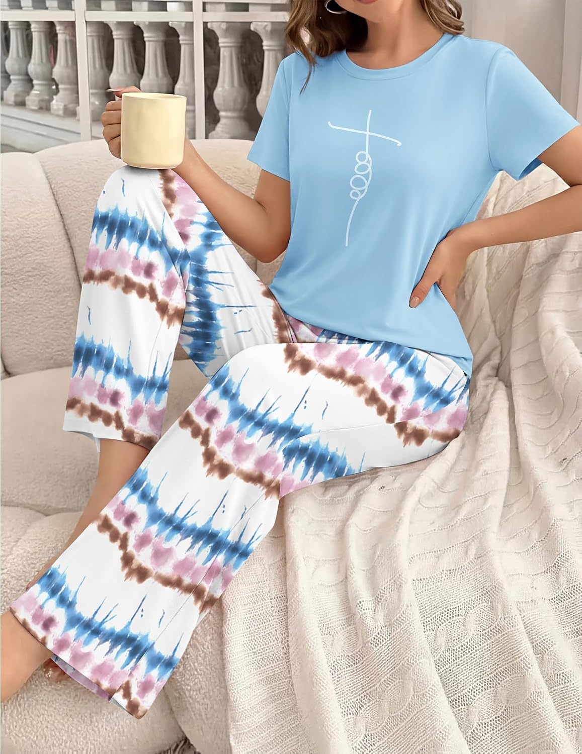 image:imageEkouaer Womens Pajamas Sets 2 Piece Short Sleeve Lounge Set Printed Loose Pants Round Neck Pj Sets LoungewearOmbre Blue