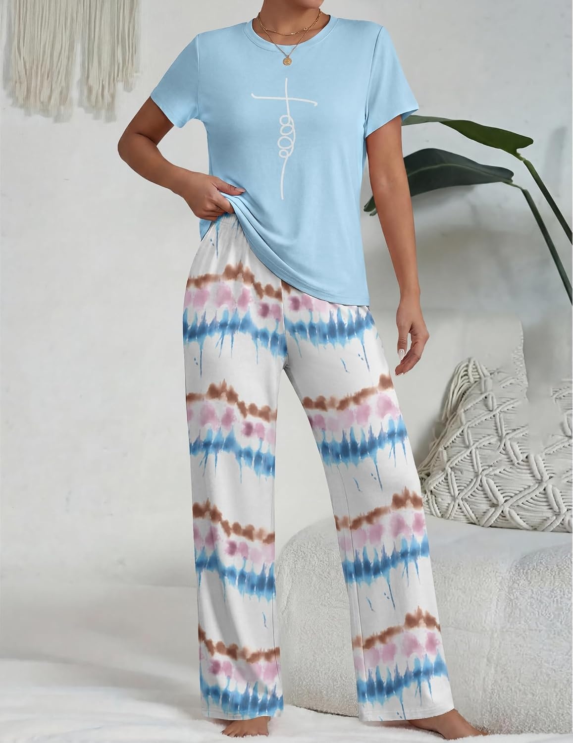 image:imageEkouaer Womens Pajamas Sets 2 Piece Short Sleeve Lounge Set Printed Loose Pants Round Neck Pj Sets LoungewearOmbre Blue