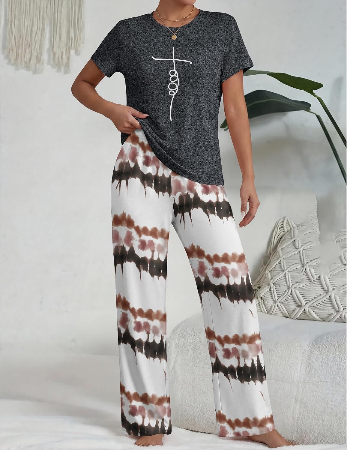 image:imageEkouaer Womens Pajamas Sets 2 Piece Short Sleeve Lounge Set Printed Loose Pants Round Neck Pj Sets LoungewearOmbre Dark Gray
