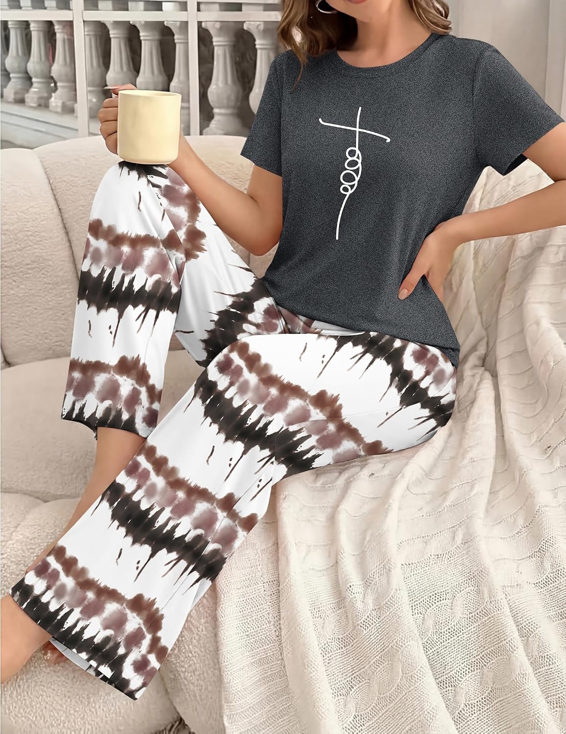 image:imageEkouaer Womens Pajamas Sets 2 Piece Short Sleeve Lounge Set Printed Loose Pants Round Neck Pj Sets LoungewearOmbre Dark Gray