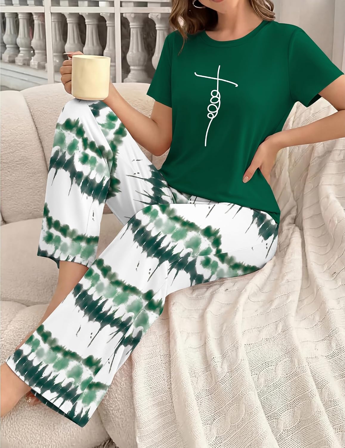 image:imageEkouaer Womens Pajamas Sets 2 Piece Short Sleeve Lounge Set Printed Loose Pants Round Neck Pj Sets LoungewearOmbre Deep Green