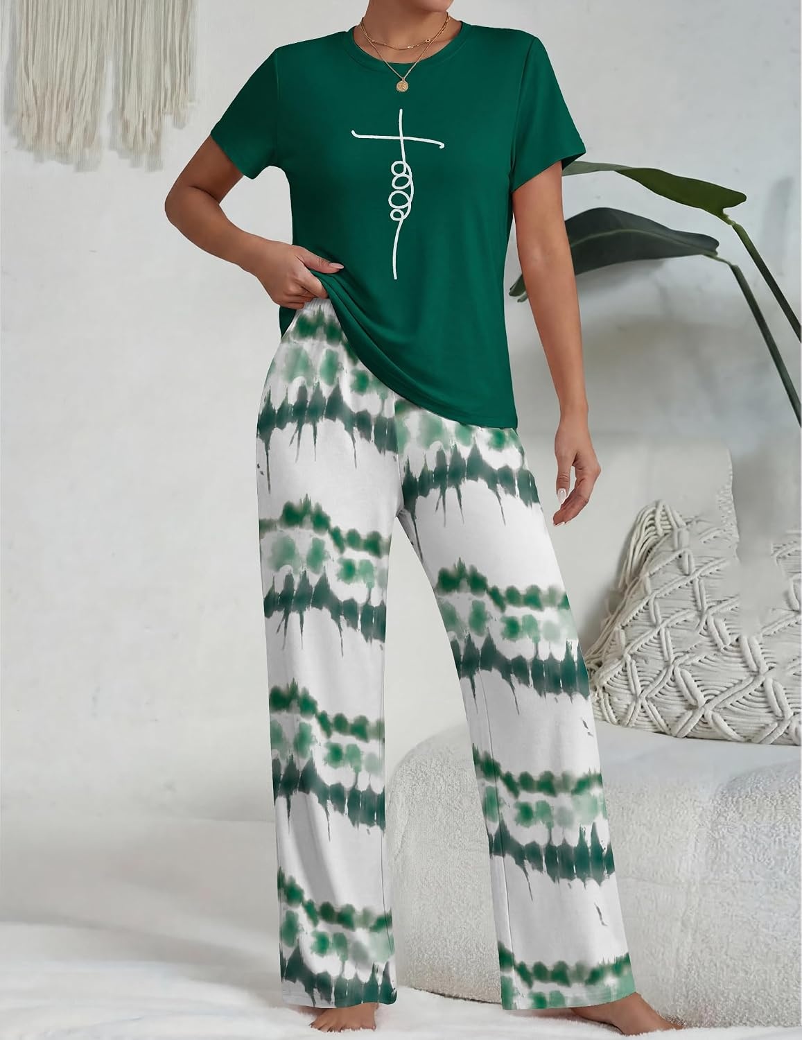 image:imageEkouaer Womens Pajamas Sets 2 Piece Short Sleeve Lounge Set Printed Loose Pants Round Neck Pj Sets LoungewearOmbre Deep Green