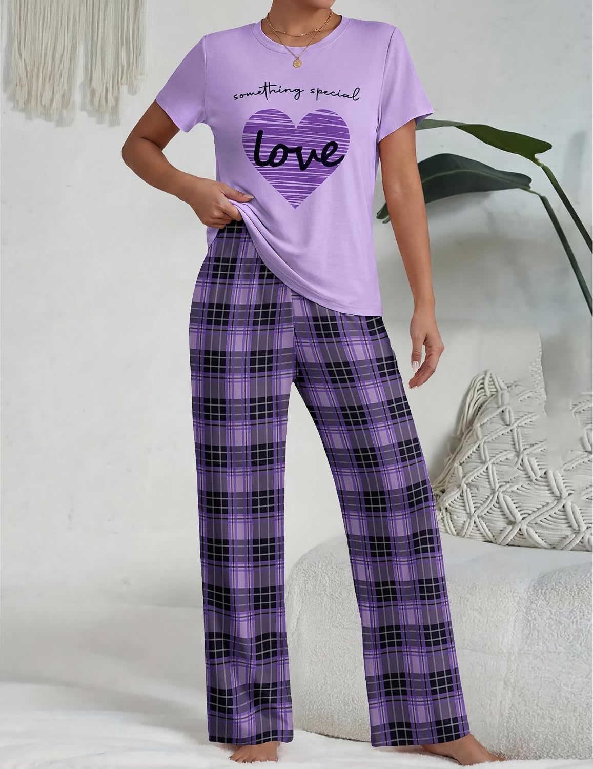 image:imageEkouaer Womens Pajamas Sets 2 Piece Short Sleeve Lounge Set Printed Loose Pants Round Neck Pj Sets LoungewearPlaid Purple