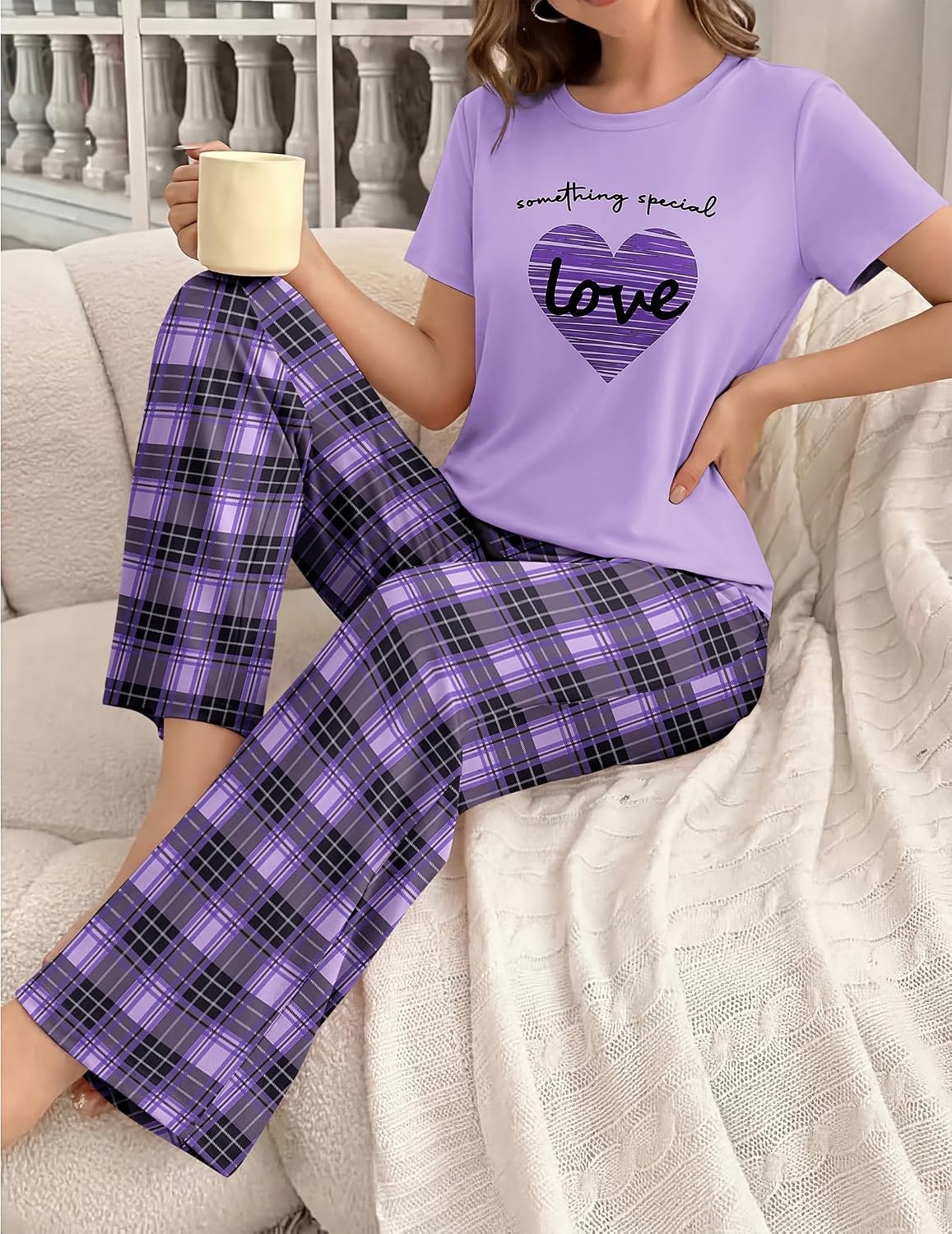 image:imageEkouaer Womens Pajamas Sets 2 Piece Short Sleeve Lounge Set Printed Loose Pants Round Neck Pj Sets LoungewearPlaid Purple