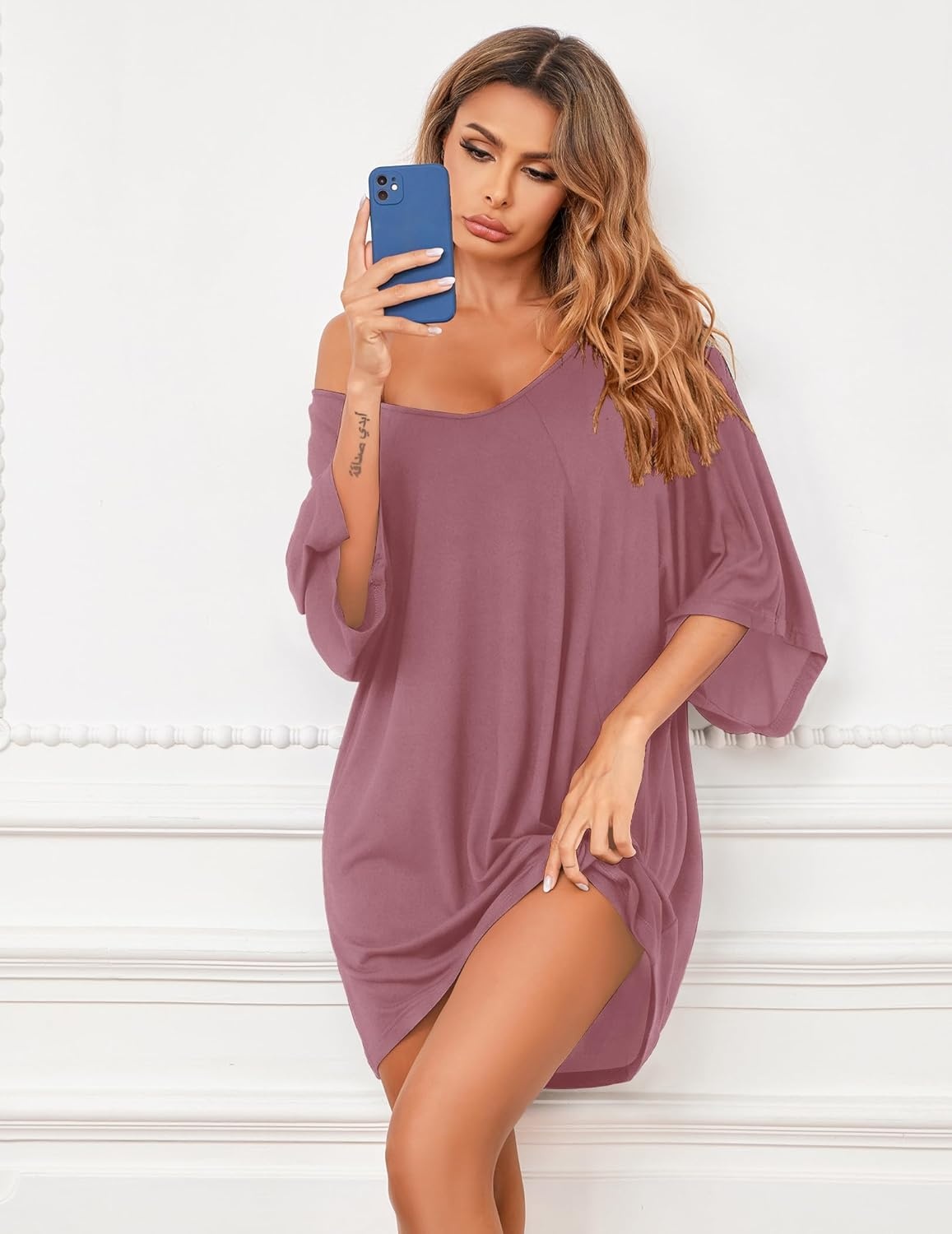 image:imageEkouaer Womens Sleepshirt Deep V Neck Nightgown Batwing Nightshirt Oversized SleepwearCherry Red