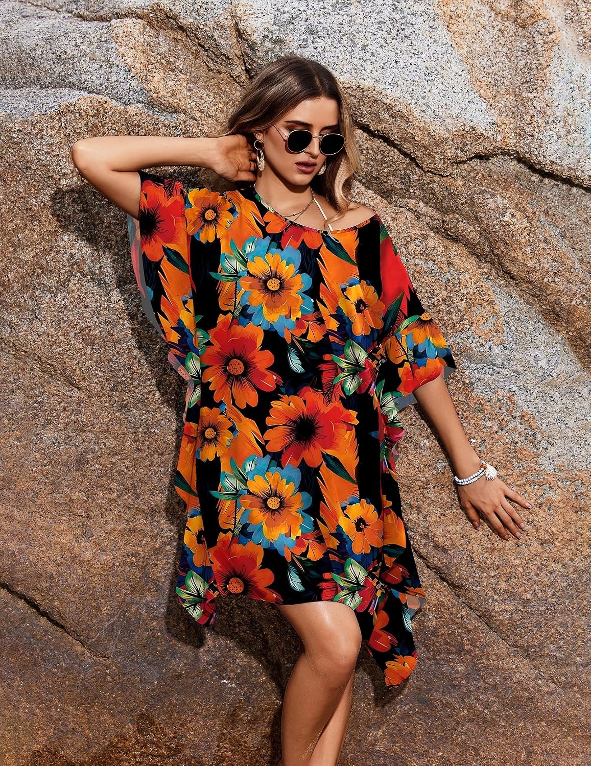 image:imageEkouaer Womens Swimsuit Coverup Chiffon Floral Bathing Suit Cover Up Ruffled Summer Beachwear Bikini Coverups S3XL01floral Orange Black
