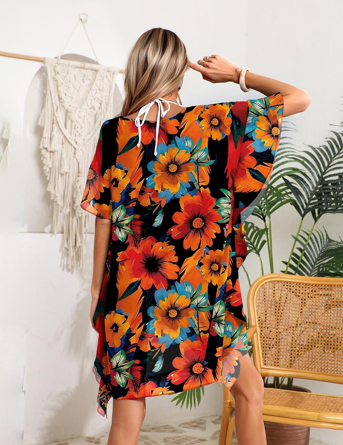 image:imageEkouaer Womens Swimsuit Coverup Chiffon Floral Bathing Suit Cover Up Ruffled Summer Beachwear Bikini Coverups S3XL01floral Orange Black