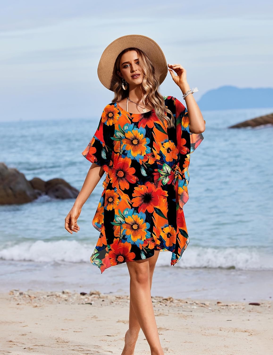 image:imageEkouaer Womens Swimsuit Coverup Chiffon Floral Bathing Suit Cover Up Ruffled Summer Beachwear Bikini Coverups S3XL01floral Orange Black
