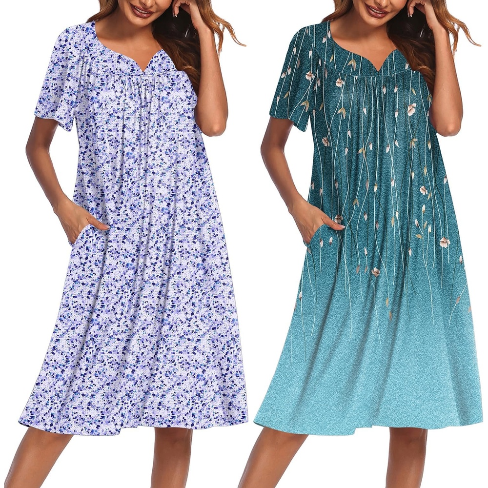 image:imageEkouaer 2 Pack House Dresses for Women with Pockets Short Sleeve Moo Moos Floral Print Mumu DressesFloral PurpleSparkling Branches