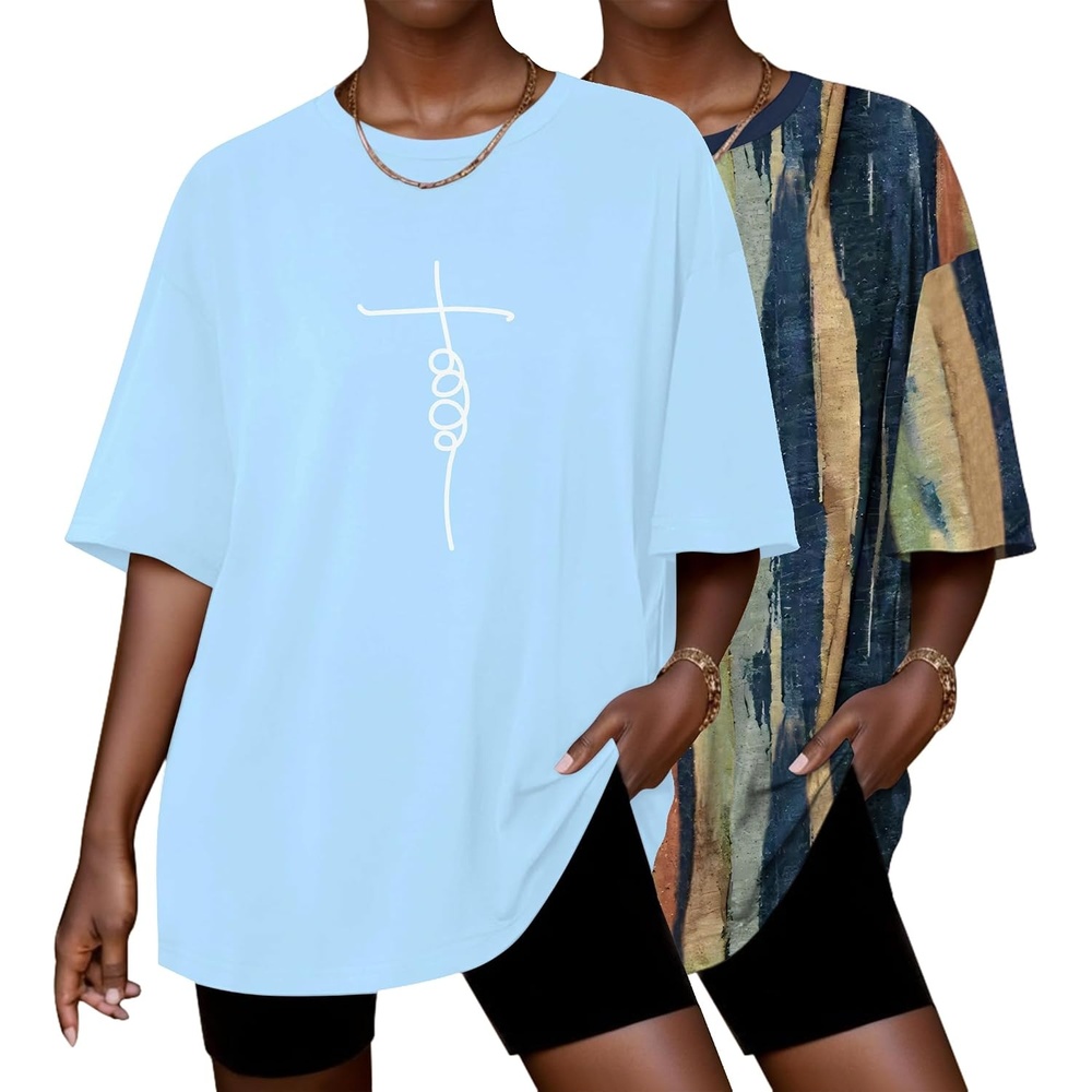 image:imageEkouaer 2 Pack Womens Tops Short Sleeve Oversized T Shirts Summer Spring Tops 2025 Basic Casual Tee Top SXXLTie DyeBlue