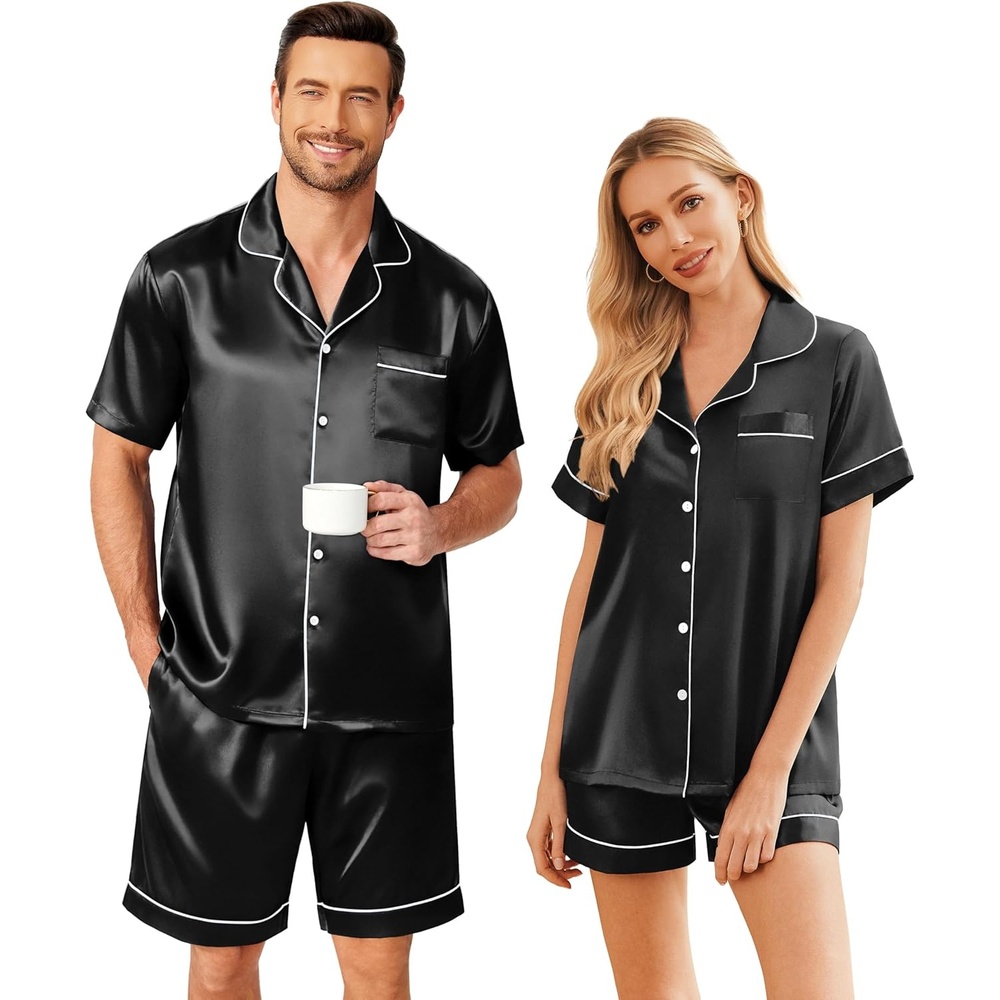 image:imageEkouaer Couple Matching Pajamas Sets Silk Short Sleeve Button Down Sleepwear Satin Pjs Shorts Set Soft Loungewear SXXLBlack