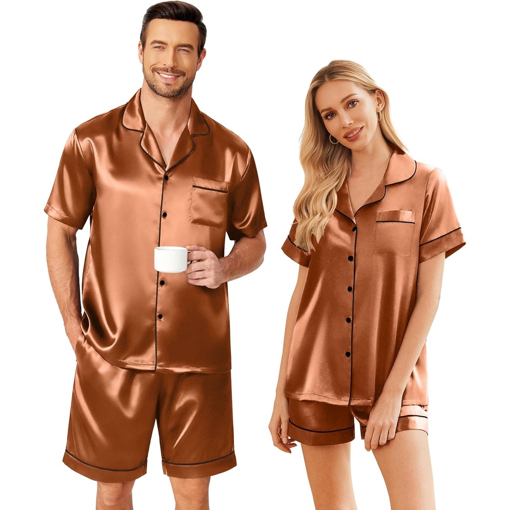 image:imageEkouaer Couple Matching Pajamas Sets Silk Short Sleeve Button Down Sleepwear Satin Pjs Shorts Set Soft Loungewear SXXLBrown