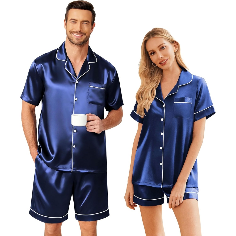 image:imageEkouaer Couple Matching Pajamas Sets Silk Short Sleeve Button Down Sleepwear Satin Pjs Shorts Set Soft Loungewear SXXLNavy