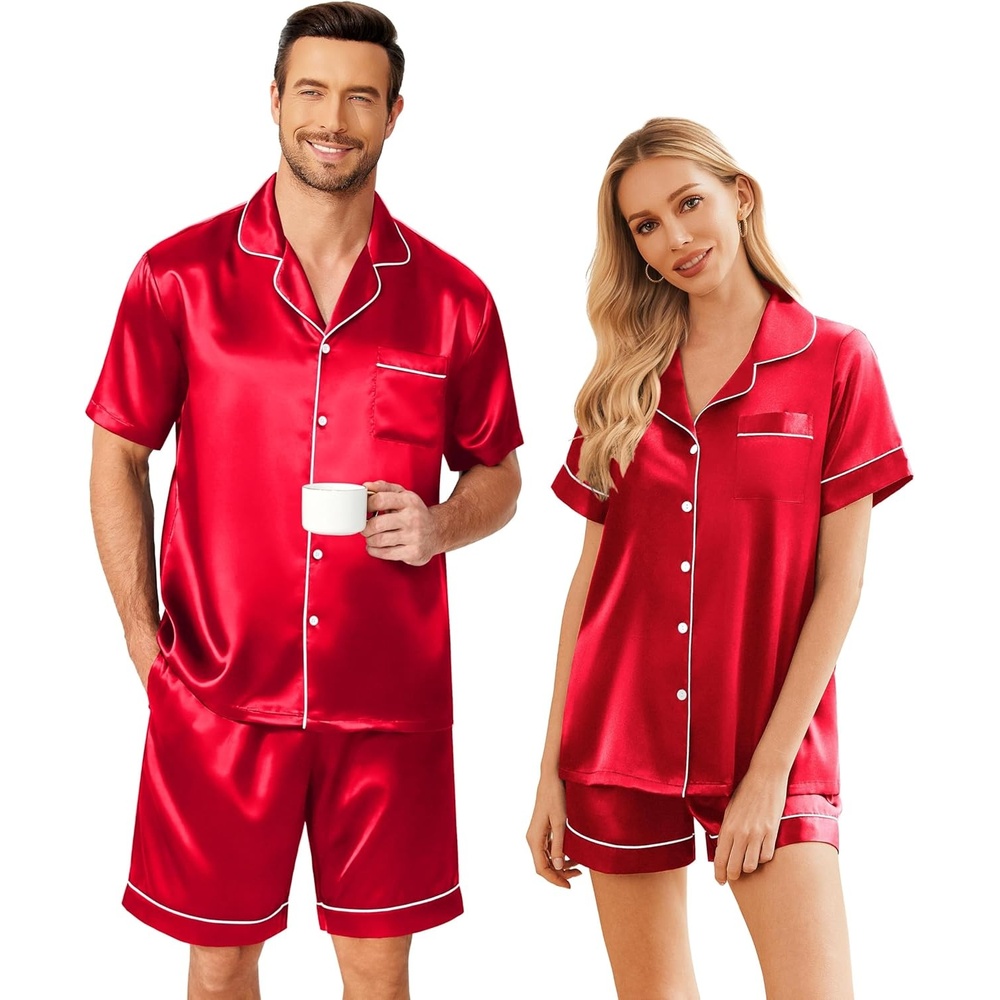 image:imageEkouaer Couple Matching Pajamas Sets Silk Short Sleeve Button Down Sleepwear Satin Pjs Shorts Set Soft Loungewear SXXLRed