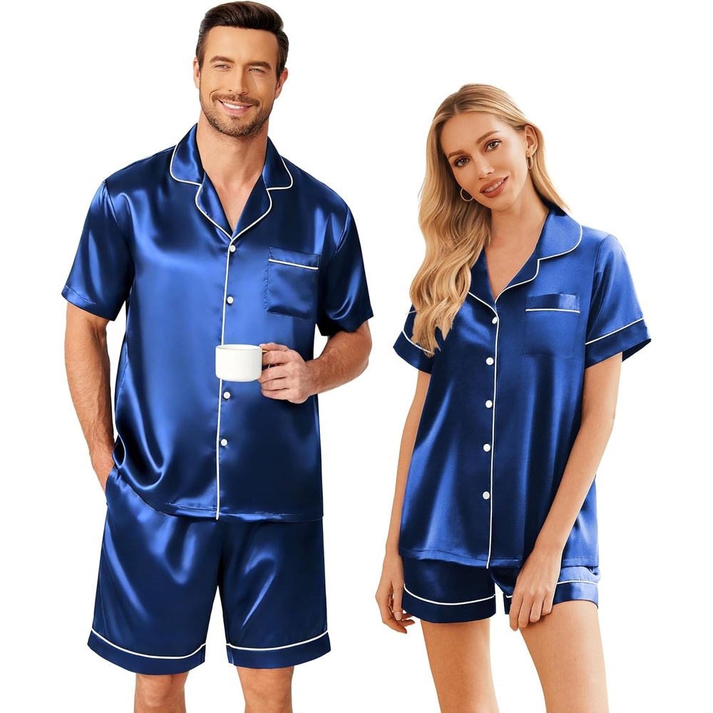 image:imageEkouaer Couple Matching Pajamas Sets Silk Short Sleeve Button Down Sleepwear Satin Pjs Shorts Set Soft Loungewear SXXLRoyal Blue
