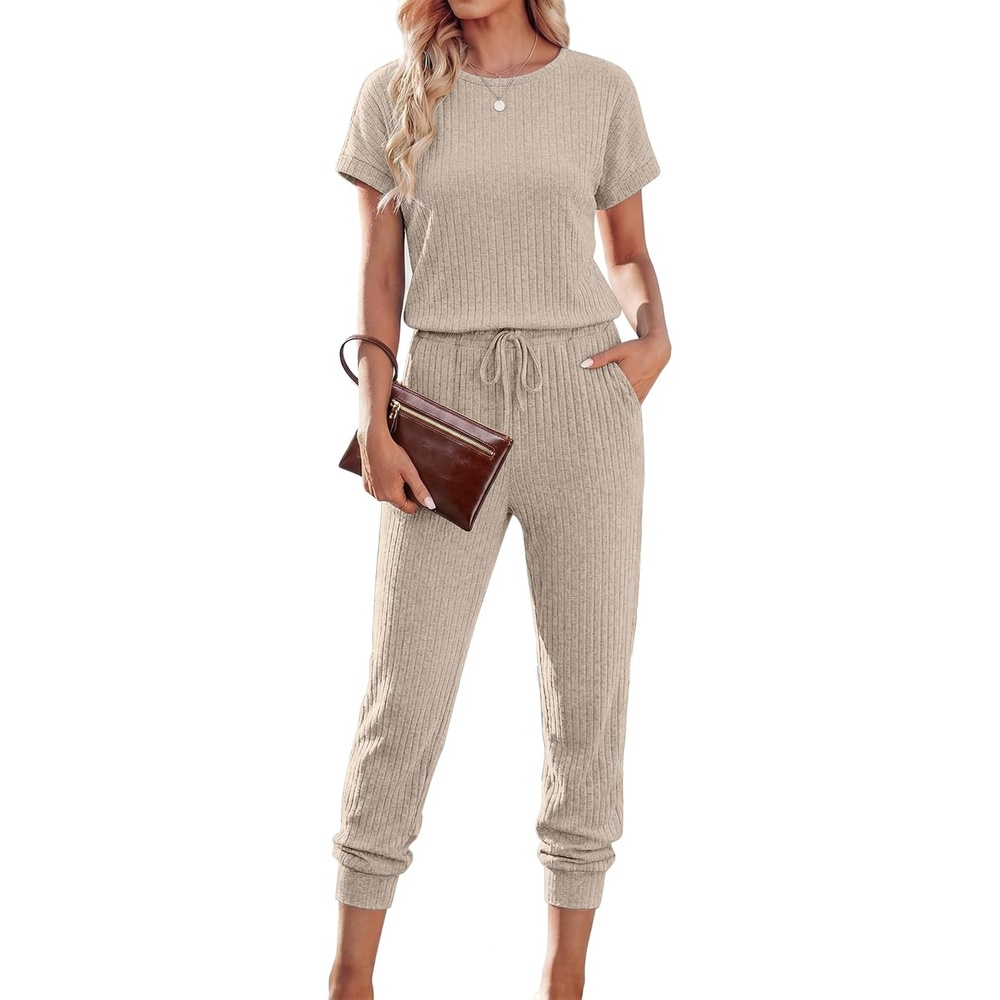 image:imageEkouaer Jumpsuits for Women Dressy Summer Romper Ribbed Knit Casual Travel Outfits 2026 Vacation Beach ClothesCoffee