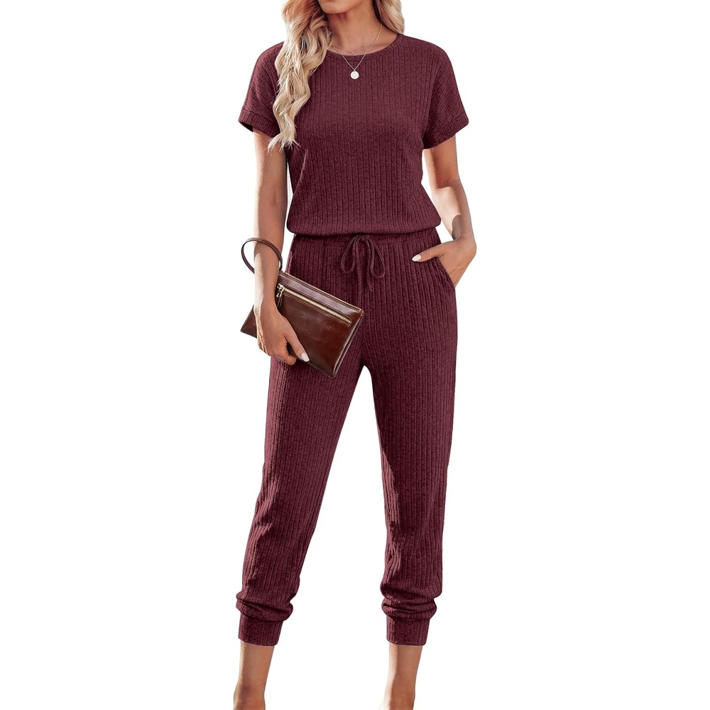 image:imageEkouaer Jumpsuits for Women Dressy Summer Romper Ribbed Knit Casual Travel Outfits 2026 Vacation Beach ClothesWine Red