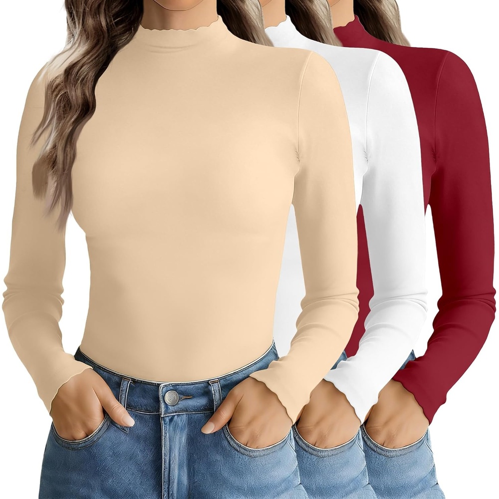 image:imageEkouaer Mock Neck Tops for Women Turtleneck 3 Pack Thermal Long Sleeve Women Womens Undershirts Casual Turtle Neck UndershirtWine RedWhiteYellow