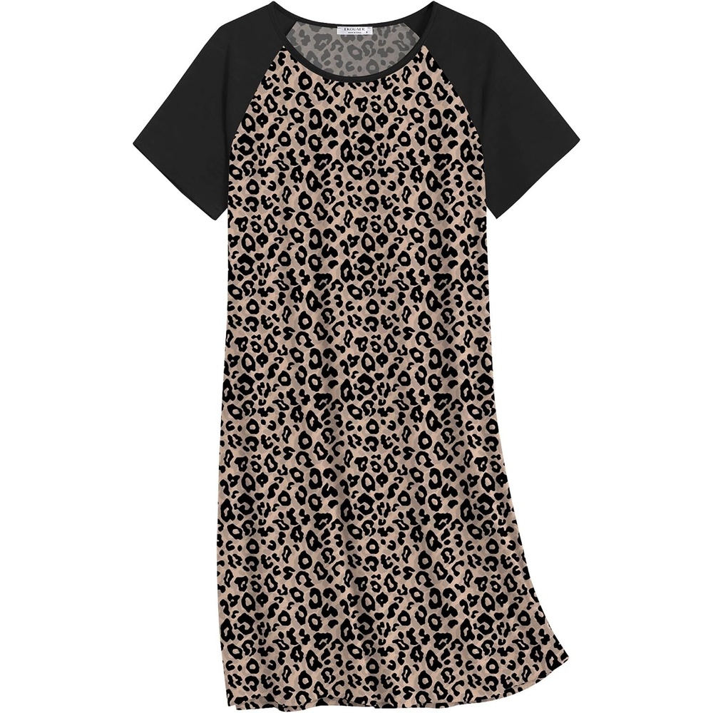 image:imageEkouaer Nightgowns for Women Cotton Sleep Shirts Short Sleeve Nightshirt Crew Neck Night Gown Comfy Sleepwear NightdressLeopard Print